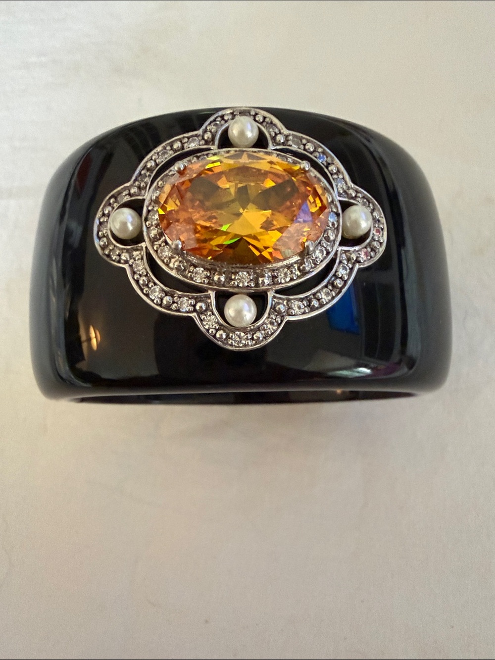 Elegant Black Resin Bracelet with Amber Crystal 925 Accent